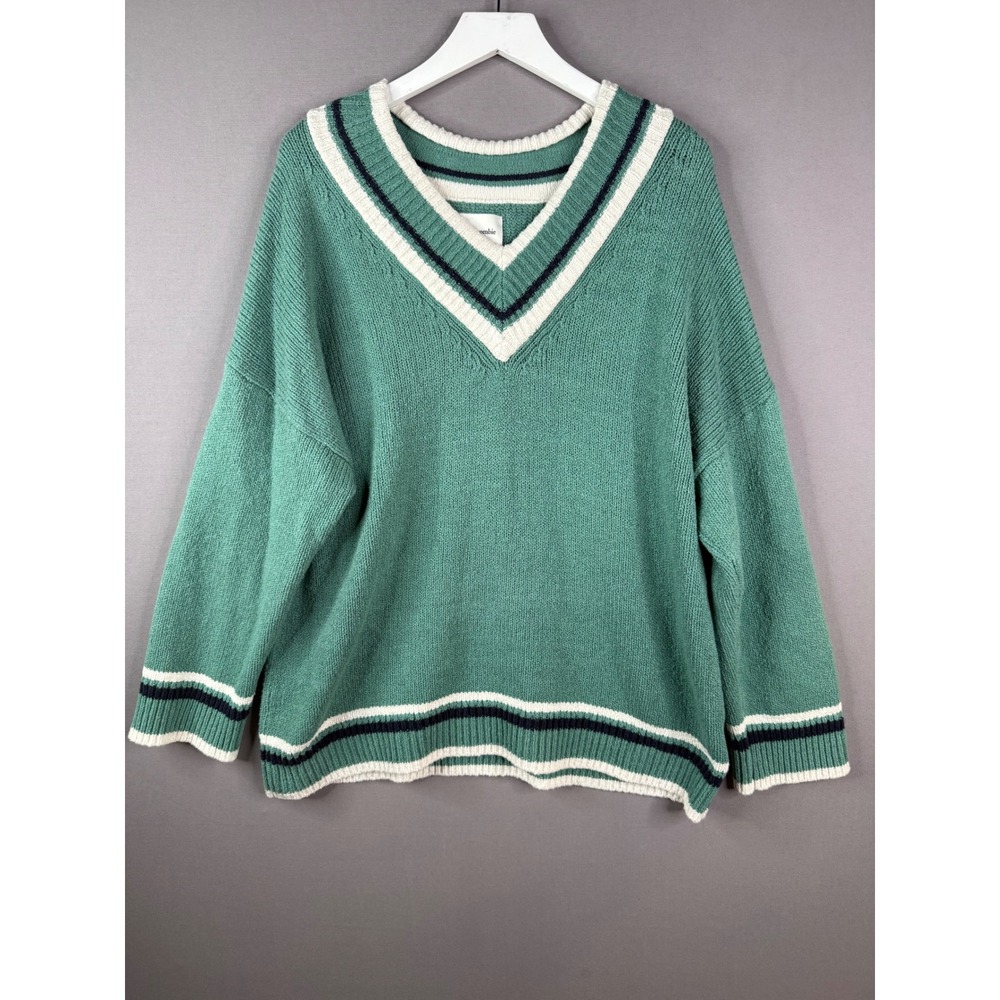 Abercrombie & Fitch Y2K V-Neck Sweater XL Green Varsity Oversized Academia Boxy